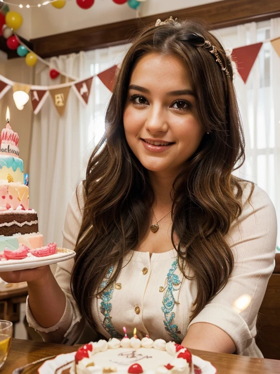pixar 3d cartoon, chubby brunette woman celebrating her birthday