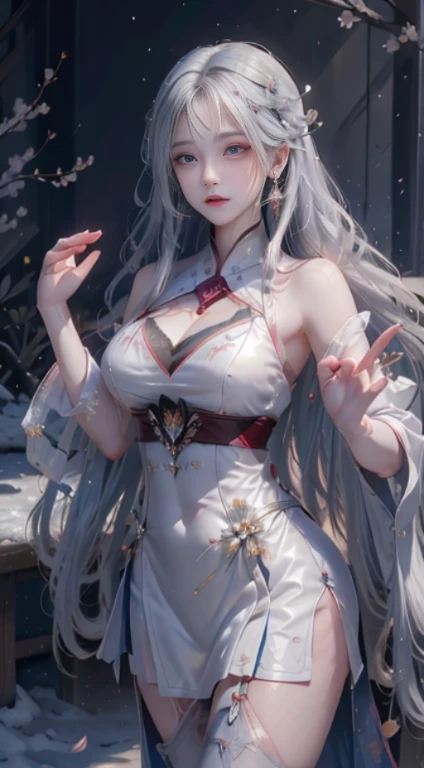 ((logo, masterpiece, 8k, Tabletop, RAW Photos, wonderful, 最high quality, Photorealistic and hVery detailed CG integrated 8k wallpaper, high quality, Very detailed, Narrative poem, Particle Effects, Dynamic Effects, Written boundary depth, Cinematic Light, Lens flare, Ray Tracing, Anatomically correct)), Fantasy, One beautiful woman, ((Gray Hair)), Clear Eyes, Long Hair, Beautiful Face, True Face, Dense and Beautiful Eyes, Beautiful Skin, ((dancing woman, gracefully dancing woman, dancing woman in the snowy landscape, violently dancing woman)), ((Long HairがWindでなびく, Long Hairが跳ねる, Long HairがWindで踊る)), Hair bounces, jewelry, Beautiful Eyes, White kimono, White Belt, embroidery pattern of white cherry blossoms, Silver earrings, The light is shining, ((cherry blossoms, cherry blossomsの木, cherry blossomsの花びらが舞う, cherry blossoms吹雪, Falling petals)), background with blue sky and white clouds, 広大なWindのWind景, Wind, grassland, A vast land of myth, wonderful景色, 美しい自然のWindのWind景, hair color is white, cherry blossomsの花びらが舞う, cherry blossomsの木