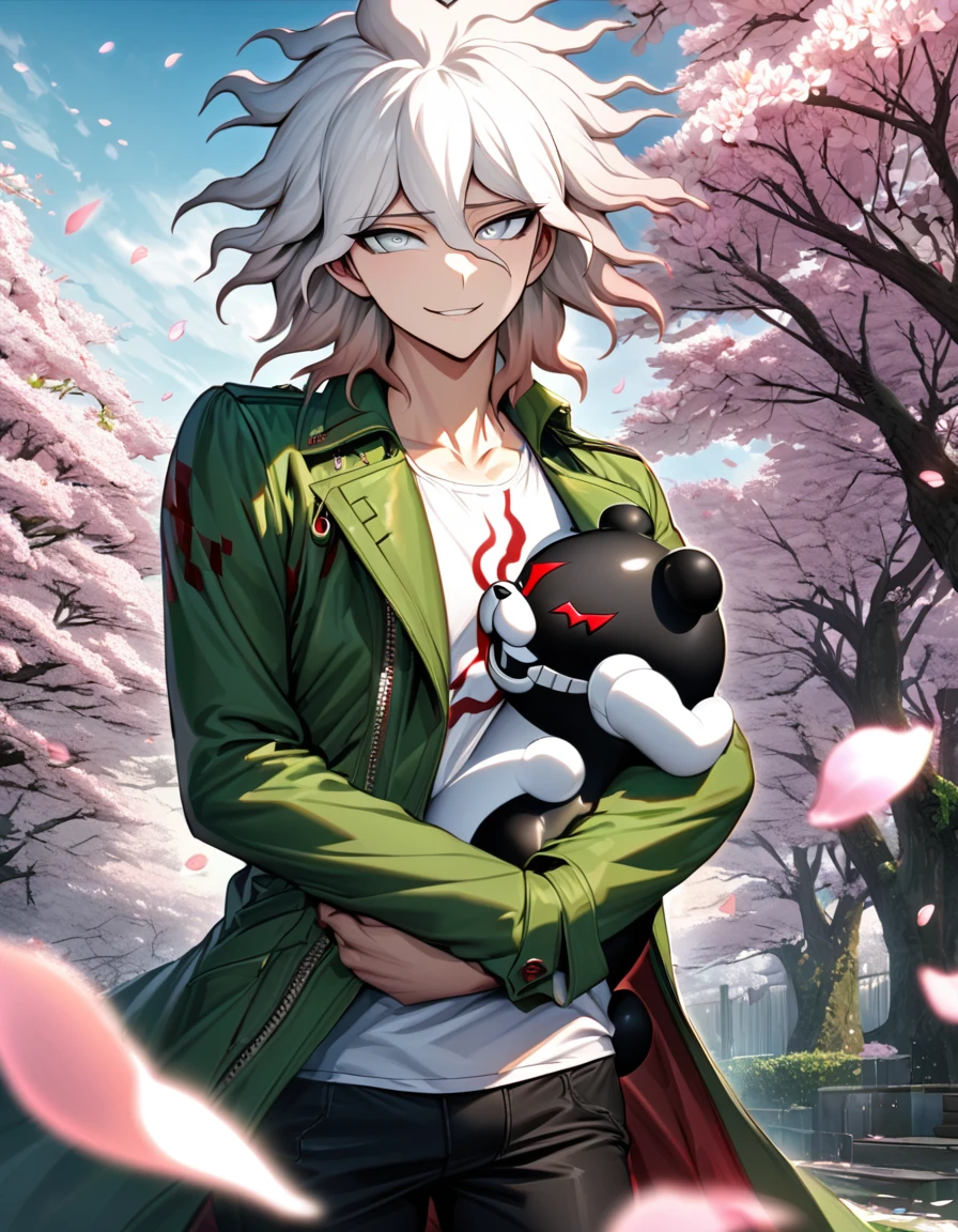Ultra detailed, Highres, absurdres, HDR, Komaeda Nagito, white hair, silver eyes, Danganronpa, green long coat, white tight shirt, black pants, smirking, spring, cherry blossoms, petals, hugging a plushie of Monokuma, sexy adult man, solo, handsome