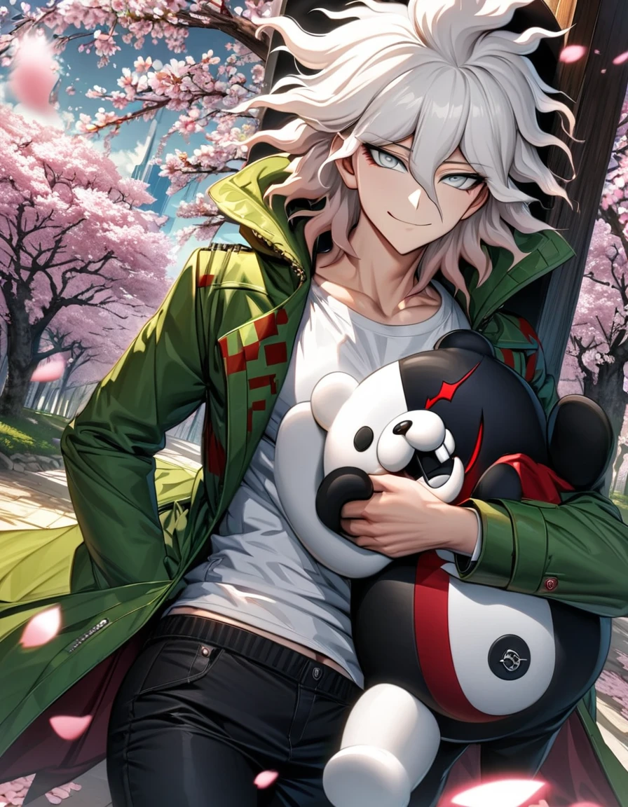 Ultra detailed, Highres, absurdres, HDR, Komaeda Nagito, white hair, silver eyes, Danganronpa, green long coat, white tight shirt, black pants, smirking, spring, cherry blossoms, petals, hugging a plushie of Monokuma, sexy adult man, solo, handsome