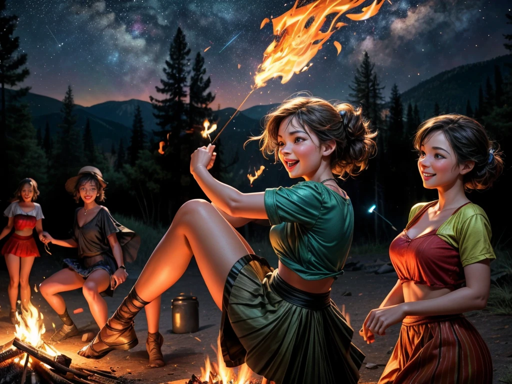 (bright, warm lighting), (best quality, highres), (vibrant colors), (medium: oil painting), (beautiful detailed eyes and lips), 2girls, (lively atmosphere), (festive mood), (detailed movements), (dancing joyfully), (crackling fire), (dancing shadows), (campfire sparks), (night sky: starry), (camping scene), (lush greenery), (comfortable clothes), (cheerful expressions), (background: flickering flames), (playful dance steps), (enjoying the moment), (background music: rhythmic), (twirling skirts), (campfire smoke), (fun and laughter), (camping trip), (silhouettes), (celebrating friendship), (surrounded by nature), (magical ambiance), (happy and carefree), (beaming smiles), (memorable night), (blissful atmosphere), (laughter echoing in the air), (unforgettable memories), (delightful and energetic), (free-spirited), (enchanting poses), (captivating and lively), (campfire glow), (graceful movements)