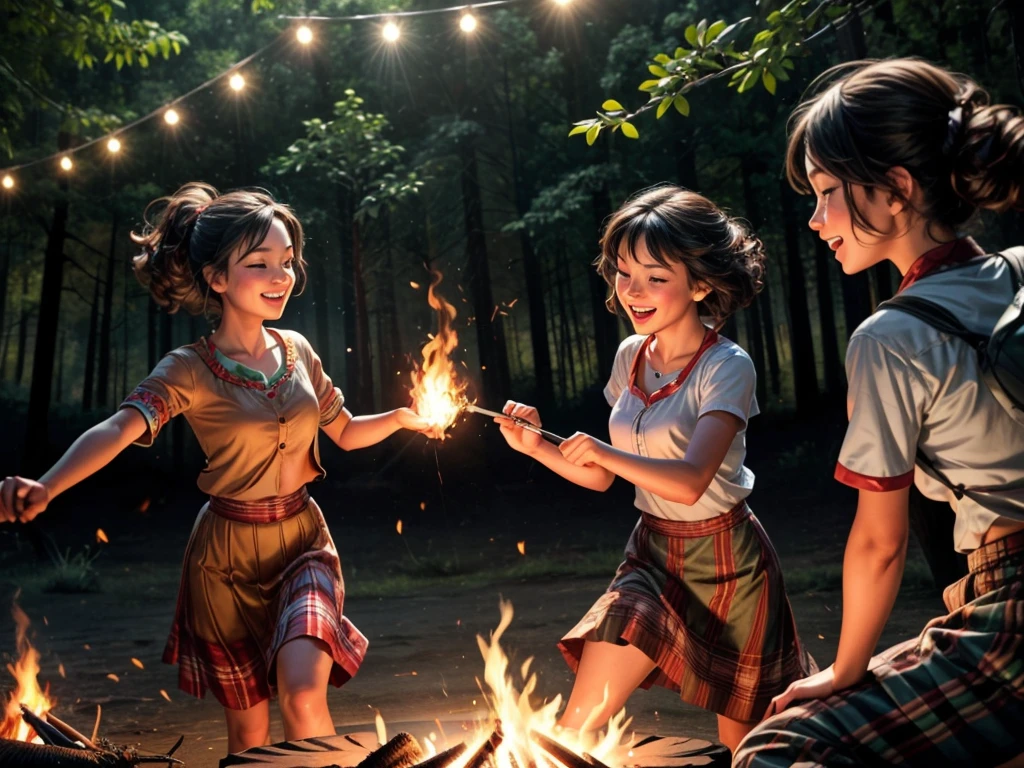 (bright, warm lighting), (best quality, highres), (vibrant colors), (medium: oil painting), (beautiful detailed eyes and lips), 2girls, (lively atmosphere), (festive mood), (detailed movements), (dancing joyfully), (crackling fire), (dancing shadows), (campfire sparks), (night sky: starry), (camping scene), (lush greenery), (comfortable clothes), (cheerful expressions), (background: flickering flames), (playful dance steps), (enjoying the moment), (background music: rhythmic), (twirling skirts), (campfire smoke), (fun and laughter), (camping trip), (silhouettes), (celebrating friendship), (surrounded by nature), (magical ambiance), (happy and carefree), (beaming smiles), (memorable night), (blissful atmosphere), (laughter echoing in the air), (unforgettable memories), (delightful and energetic), (free-spirited), (enchanting poses), (captivating and lively), (campfire glow), (graceful movements)