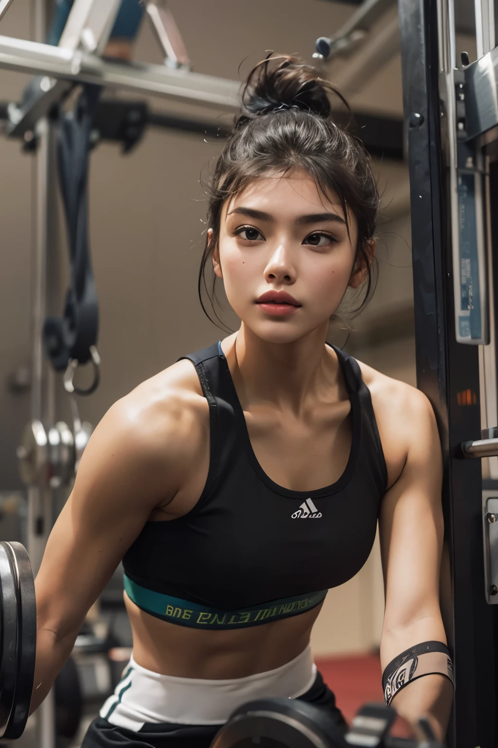((best quality)), ((masterpiece)), (detailed), perfect face, Araped woman with short hime hair, doing strength training at the gym, Madison Beer, without makeup, Profile picture, Use Instagram Filters, Subtle soft and dim light, perfect face, julia sardinian, perfect hands, Random Actions, Full-body view,