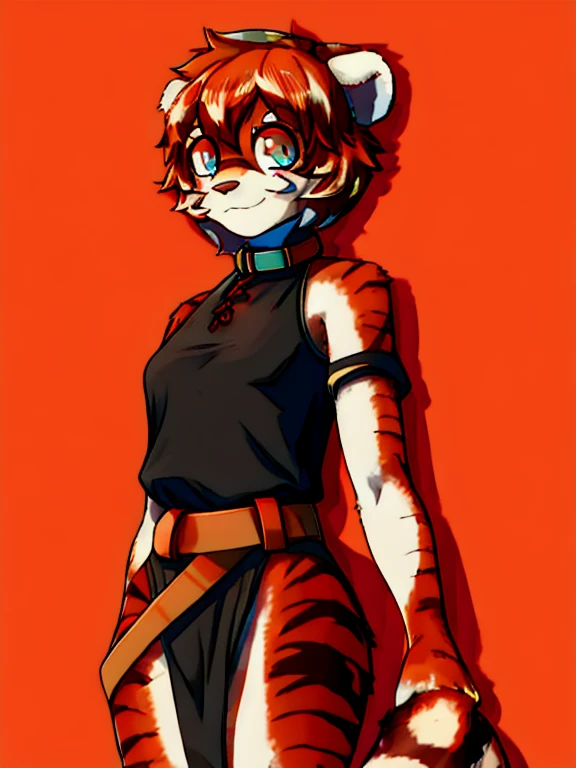 Masterpiece, intricate, anime style, full body, 1girl, rakkun, tanuki ears, red inner ears, red inner ear hair, 1tail, fluffy tail, racoon tail, brown and light brown ringed tail, beautiful eyes, detailed eyes, red and blue eyes blurred, short hair, red inner hair, brown hair, a strand of hair on the left side, red hair strips, short black shirt uncovered on the shoulders and with a black mesh with black borders up to the collar, polo shirt, short black skitr whit dark red checkered, black belt around the waist, looking at viewer, detailed face, best quality, 4k,highres, professional art, professional drawing, professional lineart, outlined markers,nsfw,happy,pechos grandes,