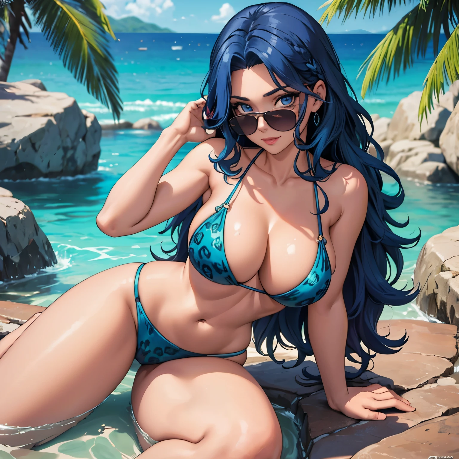 melty q melromarc. ojos azules detallados, Beautiful woman 27 years old light skin loose wavy blue hair, ojos azules brillantes pechos grandes, light blue jaguar bikini, accesorios, gotas de agua en su pecho, fondo un lago cristalino. sonrisa feliz. una sola mujer. alta calidad.