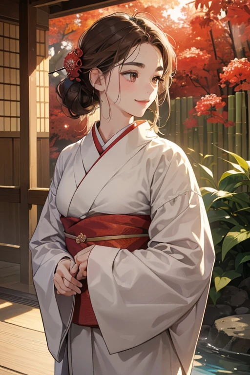 (Tabletop, Digital Art, digital illustration, 4K, 8k, Very detailed, Beautiful images, Clear images, Realistic, RAW Photos, Perfect Face, Perfect Lines, Perfect Eyes, Soft lighting) 1 female, (Light brown hair,Chignon hair tied high,Innocent look,Eyebrows are lowered,drooping eyebrows,drooping eyes,Cute big eyes,Natural Makeup,A kind smile,Round chin,23 is a novel:1.3),スーツ姿のハンサムなhuman性2人, (human,human性はスーツ姿,Muscular,Strong shoulder width, humanの,Boyish hairstyles,British Gentleman Style,クールな表情の30代human性,明るい笑顔の28歳human性:1.2),(Nervous,Embarrassed,sleepy,Embarrassing:1.2),An innocent smile,(Embarrassing,A shy smile:1.1),Deep in the forest、Retreat、Hot spring inn、Traditional Japanese evening kimono,Kimono with red peony pattern on white background、Flower Hair Ornaments,Raise your arms,walk,exterior、Bamboo Garden、Open-air bath、kiss、Couple、Couplekiss、Romance、kiss、Take off your kimono and soak in the hot springs