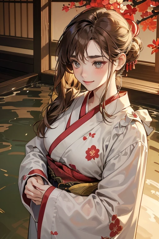 (Tabletop, Digital Art, digital illustration, 4K, 8k, Very detailed, Beautiful images, Clear images, Realistic, RAW Photos, Perfect Face, Perfect Lines, Perfect Eyes, Soft lighting) 1 female, (Light brown hair,Chignon hair tied high,Innocent look,Eyebrows are lowered,drooping eyebrows,drooping eyes,Cute big eyes,Natural Makeup,A kind smile,Round chin,23 is a novel:1.3),スーツ姿のハンサムなhuman性2人, (human,human性はスーツ姿,Muscular,Strong shoulder width, humanの,Boyish hairstyles,British Gentleman Style,クールな表情の30代human性,明るい笑顔の28歳human性:1.2),(Nervous,Embarrassed,sleepy,Embarrassing:1.2),An innocent smile,(Embarrassing,A shy smile:1.1),Deep in the forest、Retreat、Hot spring inn、Traditional Japanese evening kimono,Kimono with red peony pattern on white background、Flower Hair Ornaments,Raise your arms,walk,exterior、Bamboo Garden、Open-air bath、kiss、Couple、Couplekiss、Romance、kiss、Take off your kimono and soak in the hot springs