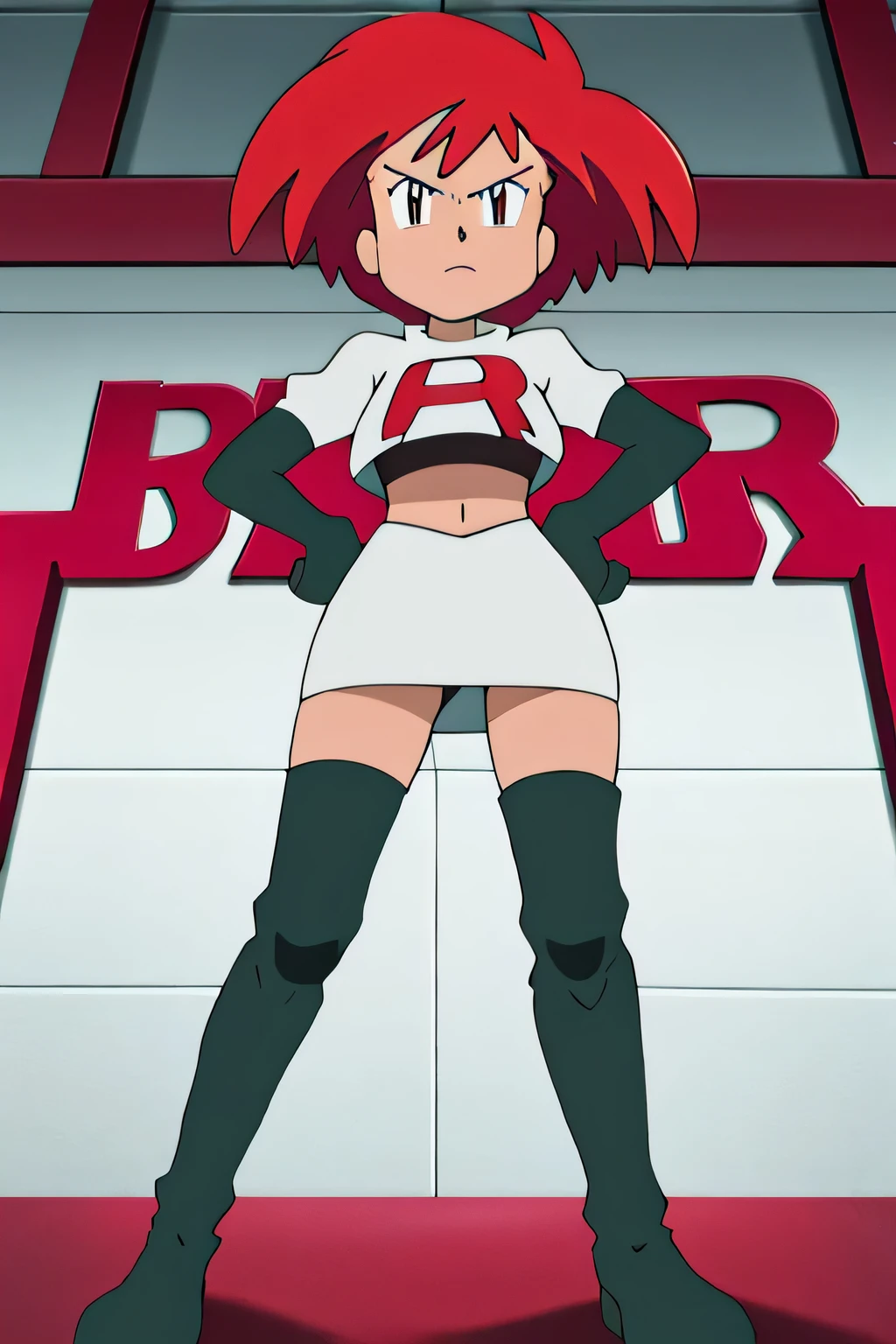 masterpiece,best quality,high res,high quality,zoey_pokemon,8k, masterpiece,highres, team rocket uniform, red letter r, white skirt,white crop top,black thigh-high boots, black elbow gloves, glaring angrily, looking down at viewer, hands on hips, cowboy shot, zettai ryouiki,spread legs,from below, black panties,anime style, vivid colors, sharp focus, intense lighting,