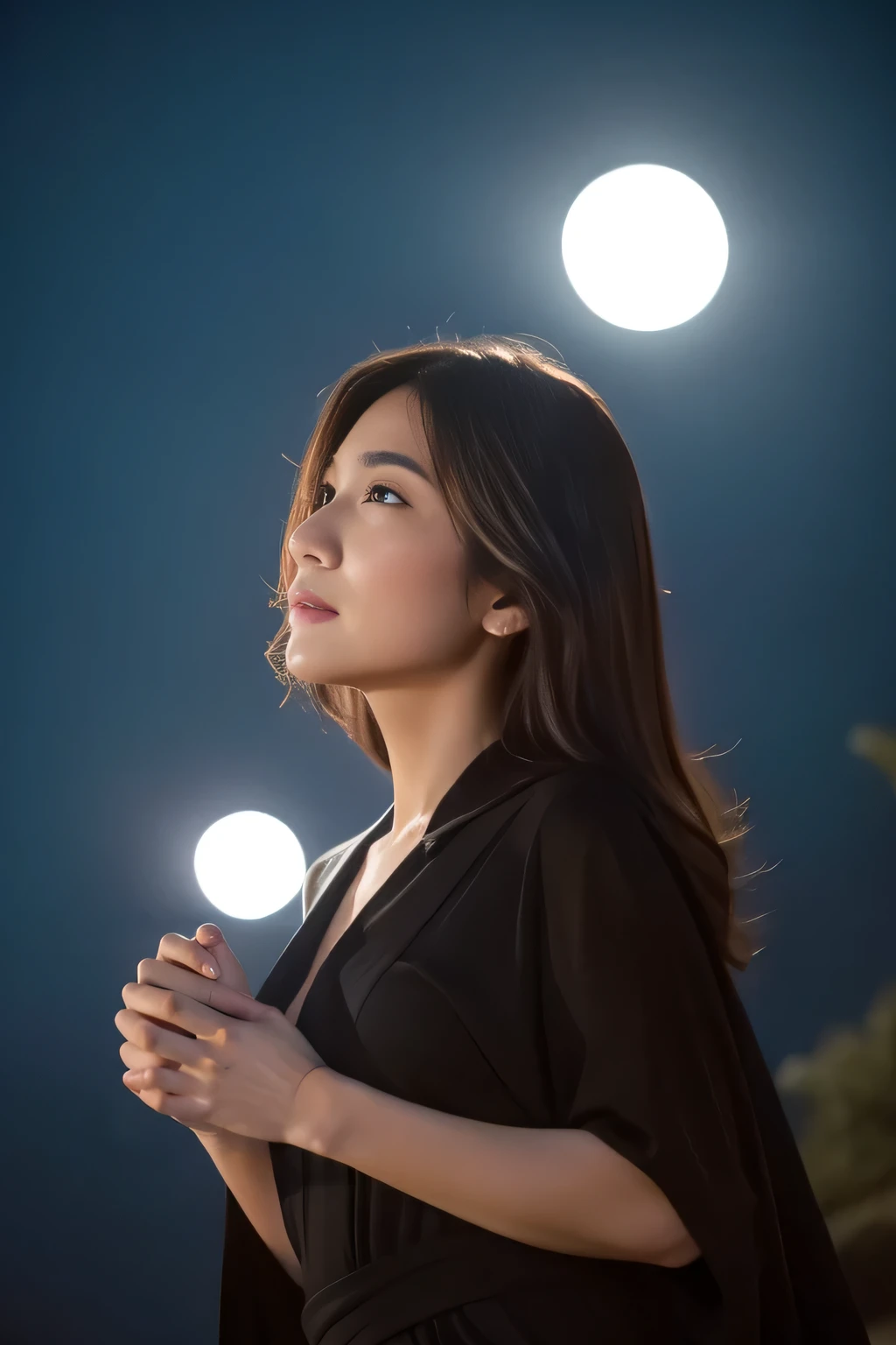 (masterpiece、top quality、High level image quality、ultra high resolution,In 8K), (original photo:1.2), (realistic:1.4), (She's a beautiful woman,sexy woman,japanese,Handsome、alone),Woman in agony and despair,Beautiful and tender photo of a physically and mentally exhausted woman、young、The emotional landscape reflects her spirit、A cool wind blows、(late summer night sky、star at night、galactic)、Stretch out one hand to grab the sky and look up at the sky、japan、professional photography、