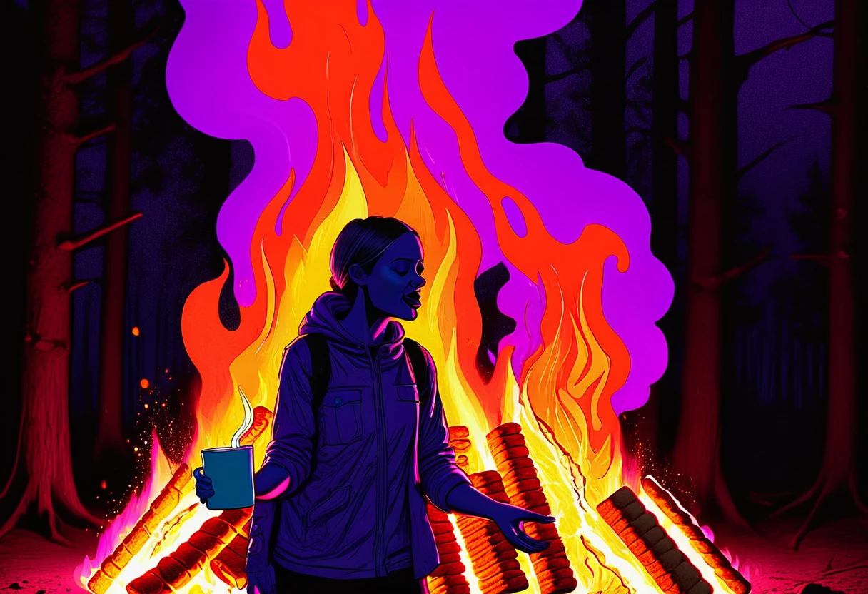 thermal iridescence effect, campfire dance, trio anthropomorphic s'mores, graham crackers, chocolate, and marshmallows, overjoyed and dancing a vile stanky boogie dance, campy film hyperrealism hand drawn rotoscope, dark digital art style subtle american animation influence (sean gordon murphy, joelle jones) minimalism, abstract flourishes, threatening aura, too cool, wearing intense ultra violet technicolor roygbiv light across face, breathing fire, enjoy overjoyed raging engulfed flames, rich color grading. candid pencil ink comic splash page, expressive hand drawn, prano bailey-bond lighting, unsettling. surreal, trippy, overwhelming, profound

