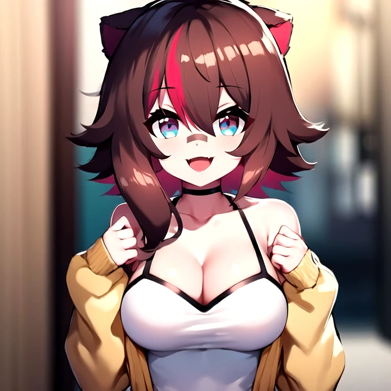 Rakkun, 1girl, solo, breasts, looking at viewer, smile, short hair, open mouth, bangs, blue eyes, large breasts, brown hair, shirt, long sleeves, animal ears, cleavage, hair between eyes, bare shoulders, collarbone, jacket, upper body, red hair, multicolored hair, choker, fang, virtual youtuber, blurry, two-tone hair, streaked hair, halterneck, white choker, ;d, bandaid, skin fang, brown jacket, colored inner hair, multicolored eyes, bandaid on face, photo, raccoon ears, bear ears, colored tips, bandaid on nose, raccoon girl,  