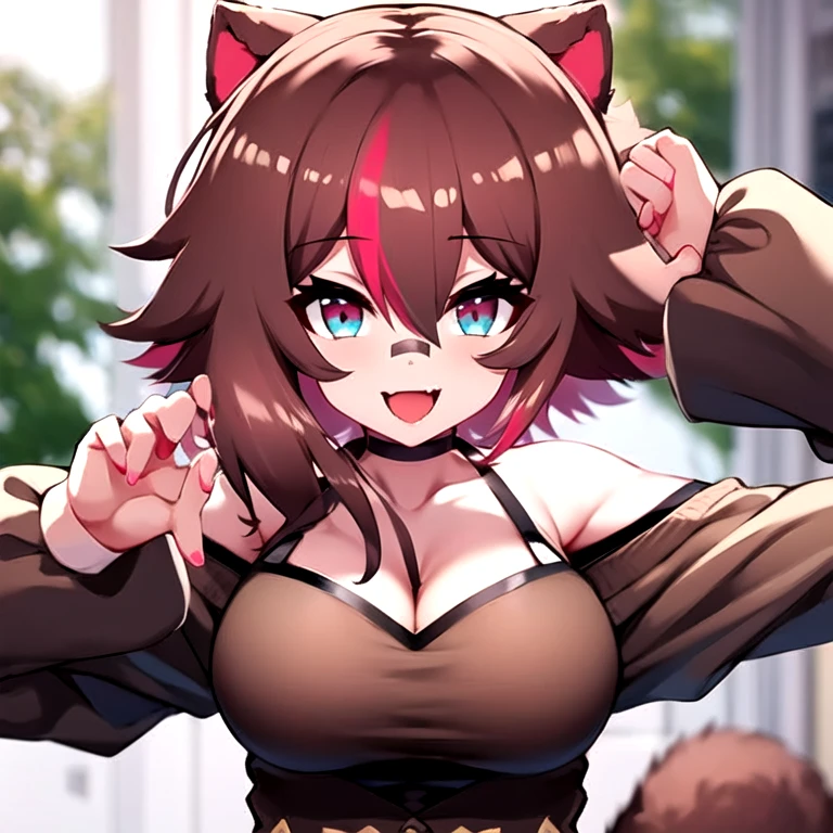 Rakkun, 1girl, solo, breasts, looking at viewer, smile, short hair, open mouth, bangs, blue eyes, large breasts, brown hair, shirt, long sleeves, animal ears, cleavage, hair between eyes, bare shoulders, collarbone, jacket, upper body, red hair, multicolored hair, choker, fang, virtual youtuber, blurry, two-tone hair, streaked hair, halterneck, white choker, ;d, bandaid, skin fang, brown jacket, colored inner hair, multicolored eyes, bandaid on face, photo, raccoon ears, bear ears, colored tips, bandaid on nose, raccoon girl,  