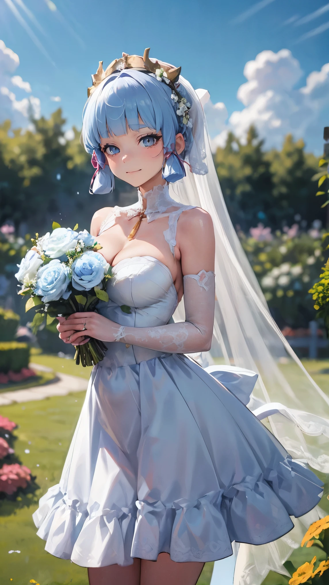 kamisato ayaka| genshin impact, master-piece, bestquality, 1girls,25 years old, proportional body, proportional., Wedding Dresses, White Wedding Dress, Long skirt, wedding, mediuml breasts, ,bara, Standing in the middle of a flower garden, outdoor, wedding, The sky is beautiful, Both hands hold a bouquet of flowers........................................., View viewers from the front., Thigh strap, Head tilt, bored, 10, 10, HD, slight smile,