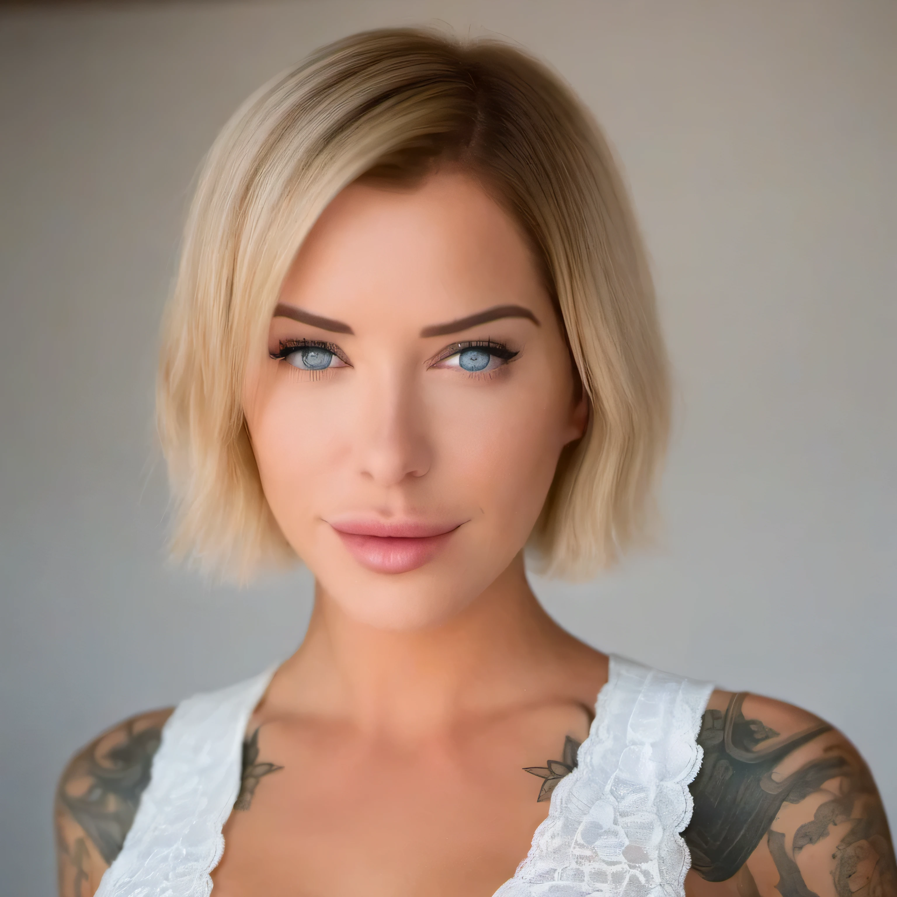 In a kitchen, a beautiful young woman named Laurence bedard stood with blue eyes and short hair. She was dressed in a dress. The scene was captured in hd full-body style. They had an air of confidence and charm.