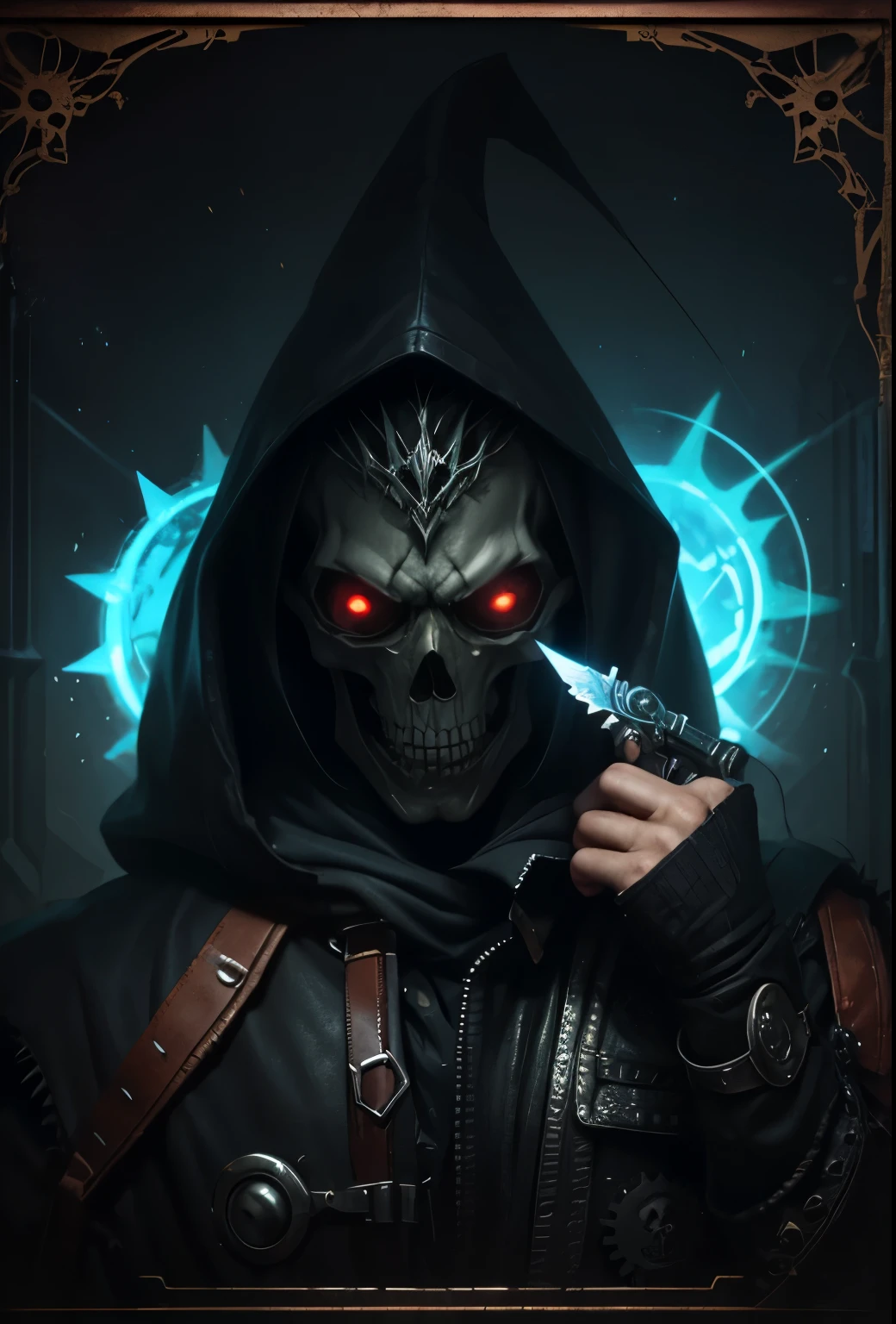 Character with a skull instead of the face and a hood, il marche dans la rue d'une ville, pluie, couleurs vibrantes et attrayantes, Art vectoriel multicolore, Illustration vectorielle, official artwork, Art couleur effrayant en 4 K, High-contrast illustrations, High-quality sharp illustration, Stylized work very coherent, Illustration HD, Art vectoriel propre, Highly detailed vector art