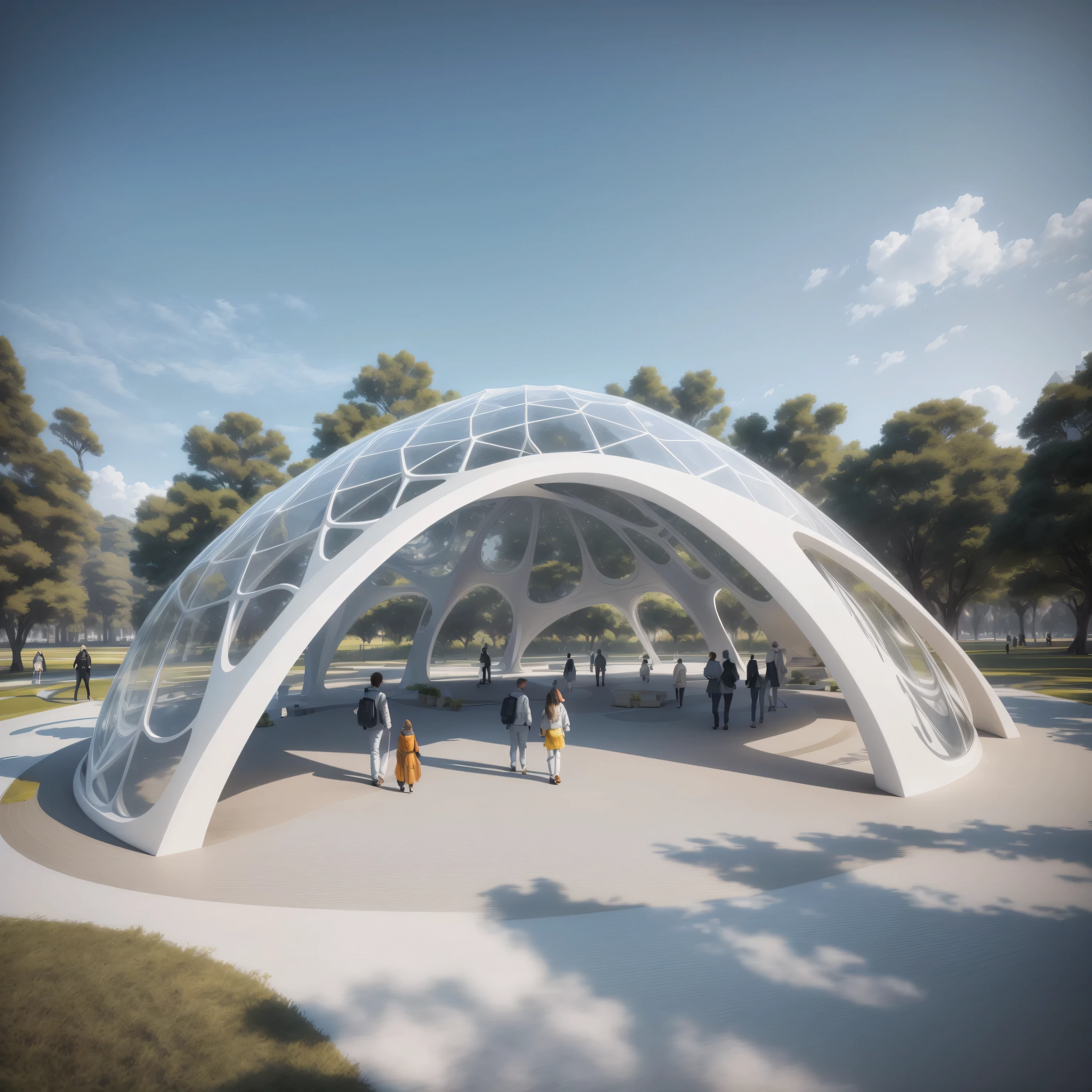 People walk around a huge white building in a park, Moonlight Rendering, artist&#39;s impression, futuristic dome, Height Rendering, Artist&#39;s impression, octave render, by Zha Shibiao, Rendering in v-ray, Detailed rendering, Parametric structure, concept rendering, octave render, Front view, pavilion, concept rendering, architectural rendering, dome