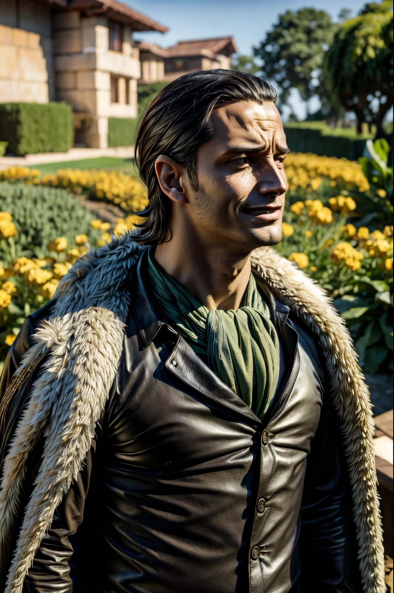 masterpiece, best quality, extremely detailed, hyperrealistic, photorealistic, a cool 40s man, ultra detailed face:1.2, fur-trimmed coat, scarf around the neck, his left hand is a golden pirate hook:1.1, distant view shot, garden:1.3, lots of flower:1.2, dynamic pose, sly smile, relaxed