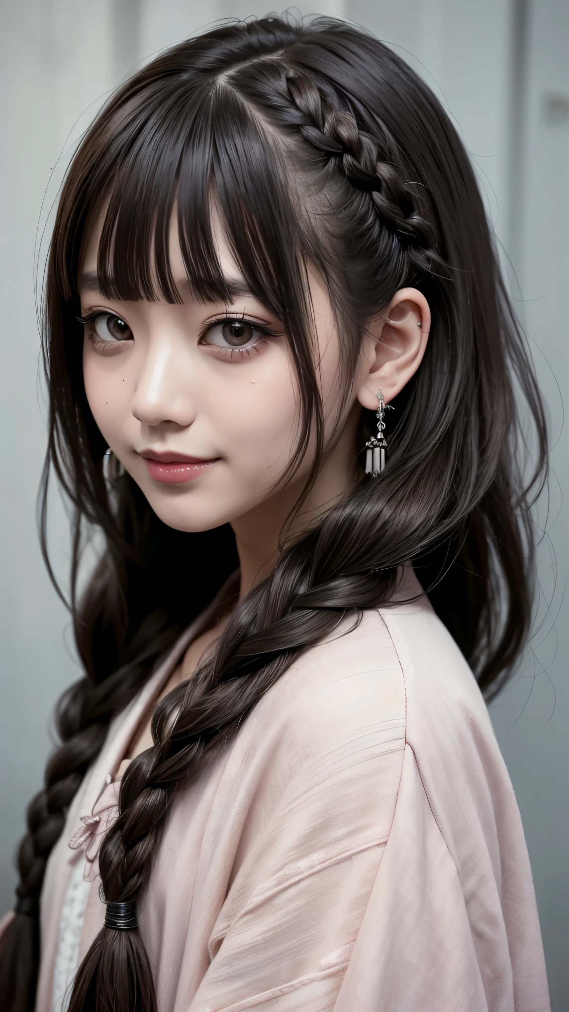 Realistic, masterpiece, highest quality, Highest resolution, One Japanese woman, Happy smile, Detailed and beautiful eyes, Sparkling eyes, (Long, narrow eyes:1.2), (Slightly smaller eyes:1.2), Sharp Eyes, Thin eyebrows, Gives your eyelashes a delicate finish, False eyelashes, Natural Makeup, (Braided Hair, Blunt bangs, brown hair:1.2), Detailed face, She is looking slightly to the side, Always watching the audience, Grinning, cheeks pink, A gothic-style dress with a sexy neckline for the warmer months, Upper body photo, Portrait