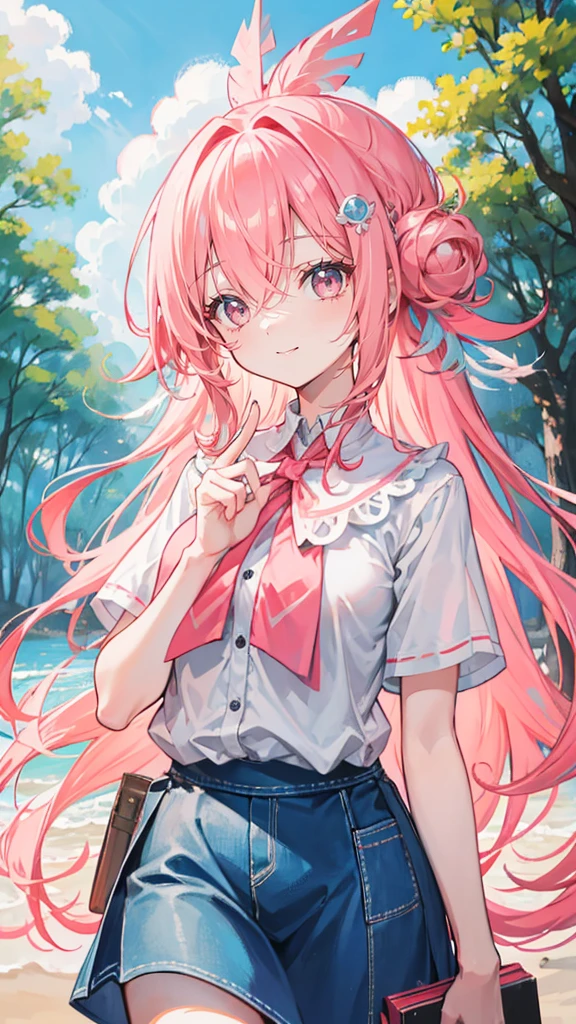 Coral pink hair,Long hair,hair over one eye,Gray eyes,feather hair ornament,cute,Girl,laughing expression,Happy and happy expression,Short sleeve,Don't show your arms,The background is a forest ,Tall trees,Blue sky and white clouds
