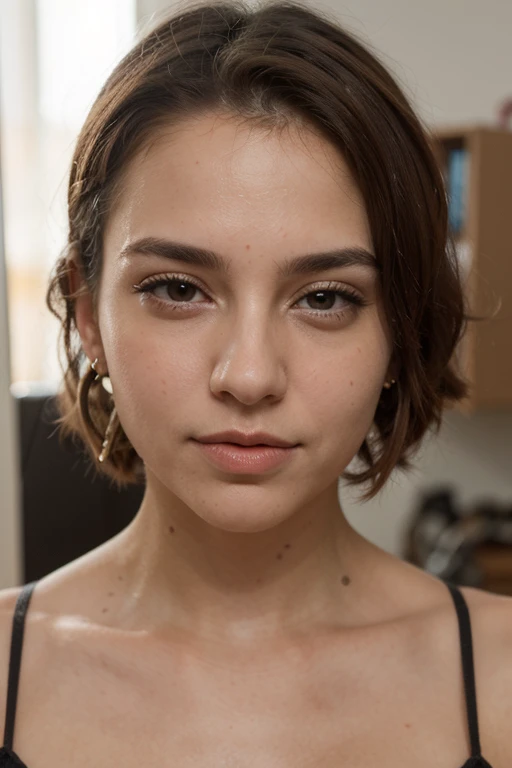 ((mejor calidad)), ((Obra maestra)), (detallado), cara perfecta, solo, 1 chica, piel luminosa, aretes de aro, atractivo, detalles caprichosos, pelo peinado, pelo corto, fascinante, entrevista, dia, office