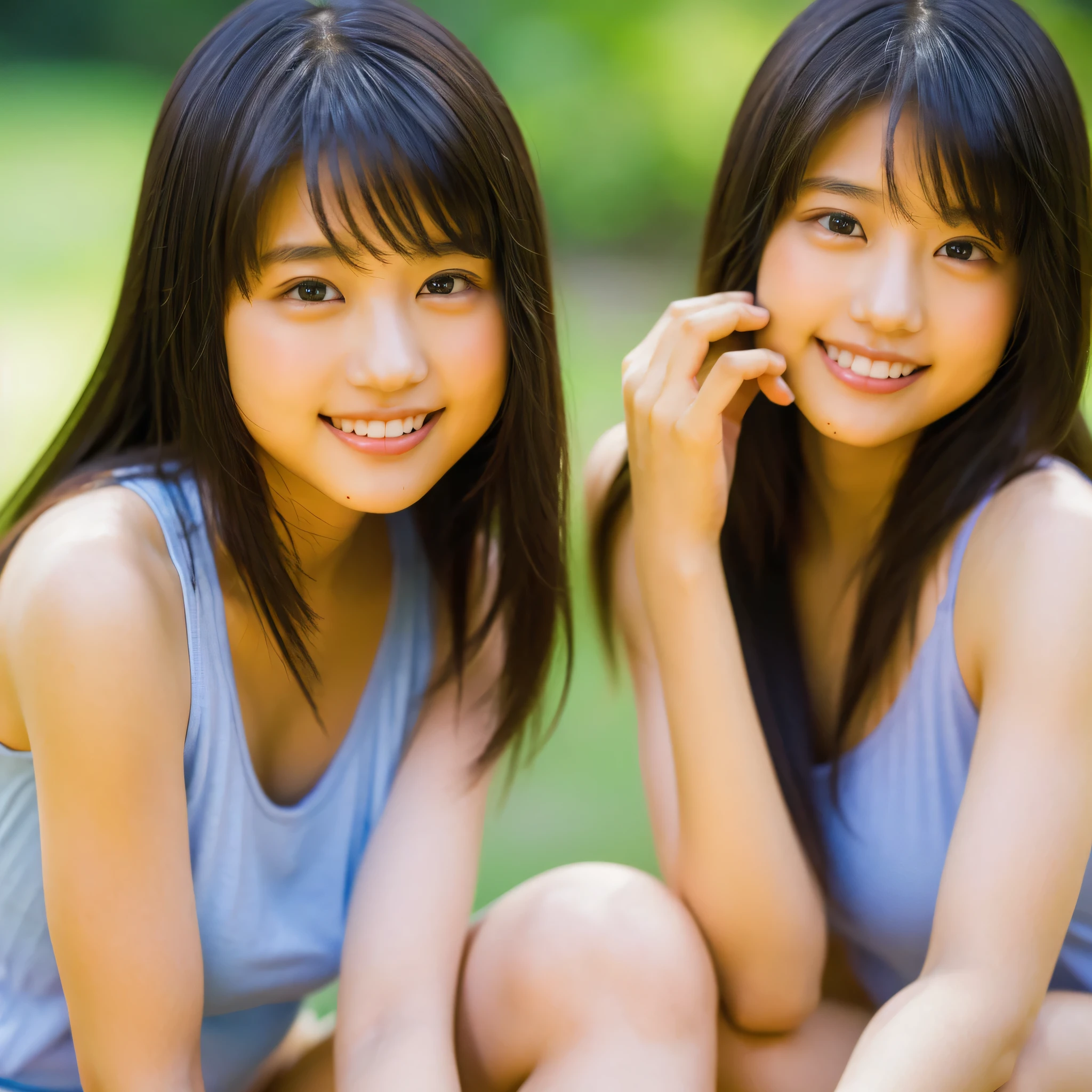 ((masterpiece)),((highest quality))),((High resolution)),((Genuine,)) two, Identical twin sisters, (((Indistinguishable, Beautiful girl who looks exactly like)) ************, bangs, smile, White tank top