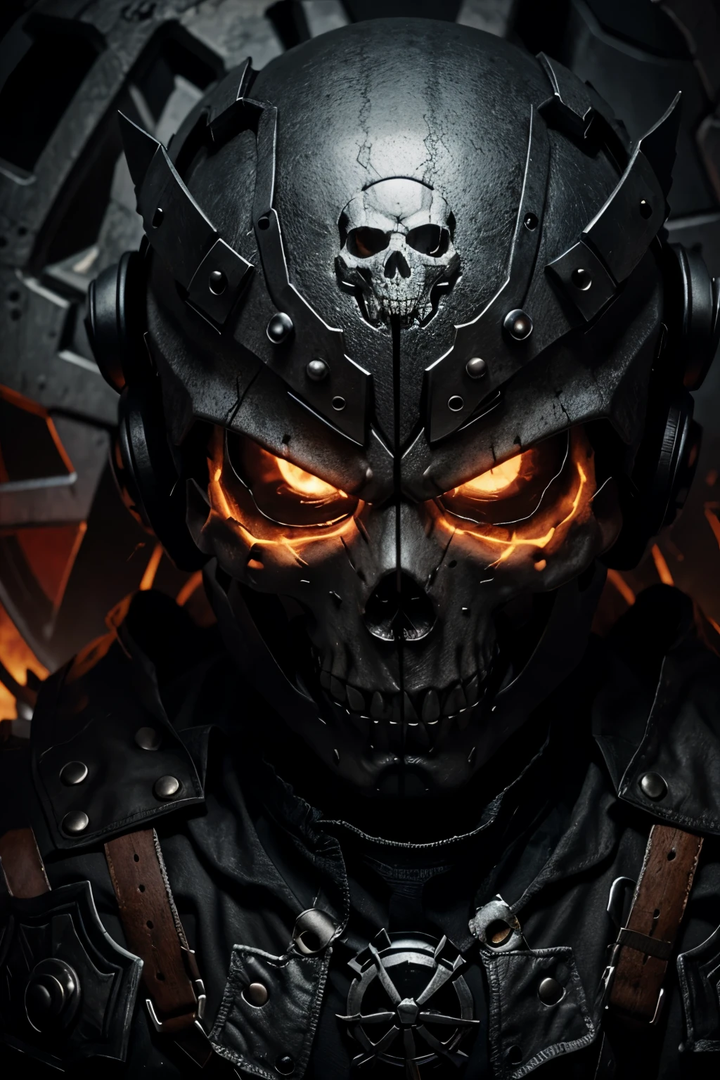 Ice and fire skull with a shield and two swords, of spiked gears of war skulls, skull design for a rock band, heavy metal tshirt design, style of hydro74, heavy metal art style, skull paint, helghast, heavy metal artwork, skull image on the vest, hq artwork, gears of death, detailed digital artwork, fantasy skull