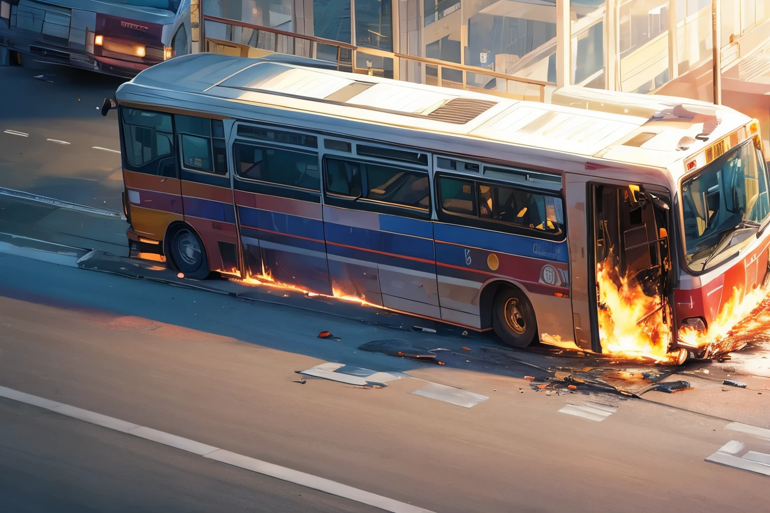 A highway bus that was involved in an accident, overturned and on fire