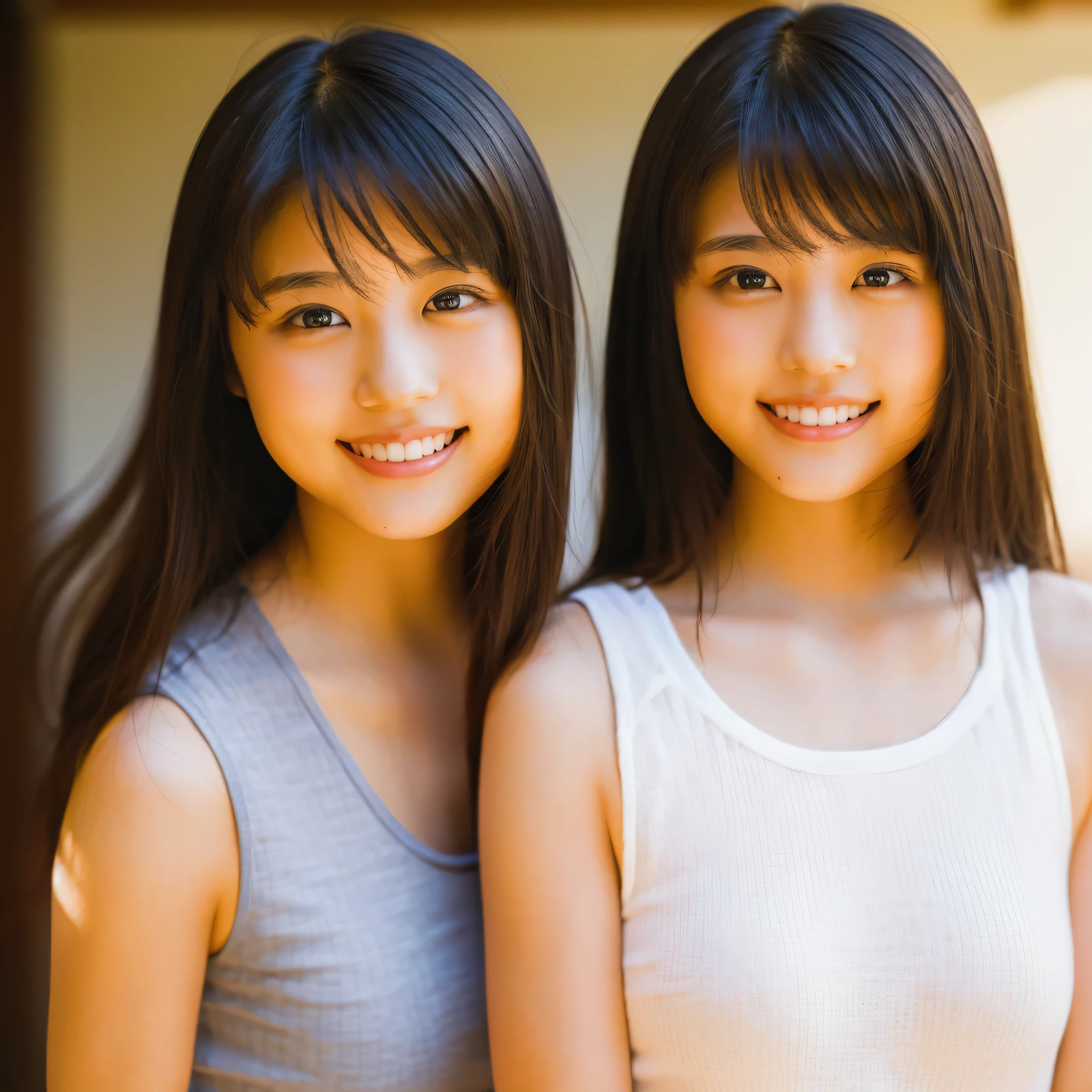 ((masterpiece)),((highest quality))),((High resolution)),((Genuine,)) two, Identical twin sisters, (((Indistinguishable, Beautiful girl who looks exactly like)) , bangs, smile, White tank top