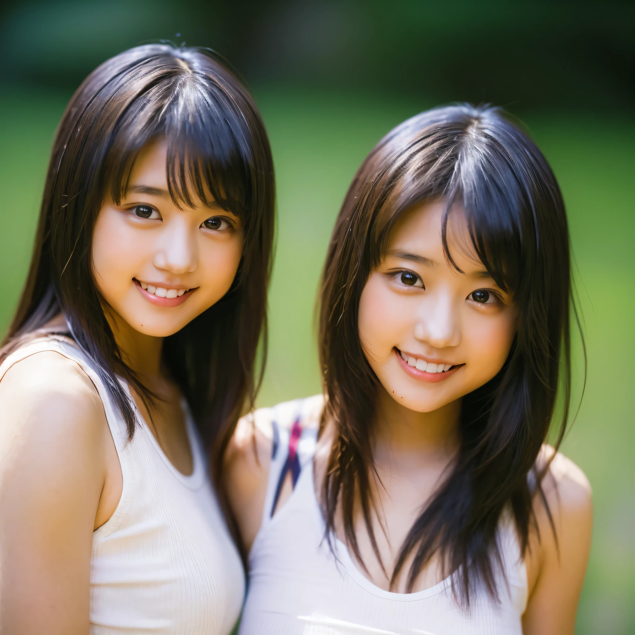 ((masterpiece)),((highest quality))),((High resolution)),((Genuine,)) two, Identical twin sisters, (((Indistinguishable, Beautiful girl who looks exactly like)) 16 years old, bangs, smile, White tank top