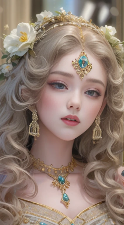 masterpiece,Highest Resolution,bust of a beautiful noble maiden,delicate braided hair,curly hair,Shining, clear eyes,Her hair is covered with beautiful and delicate floral detailing., crystallization、diamond jewelry filigree,Extremely detailed,Upscaling,Soft Lighting。