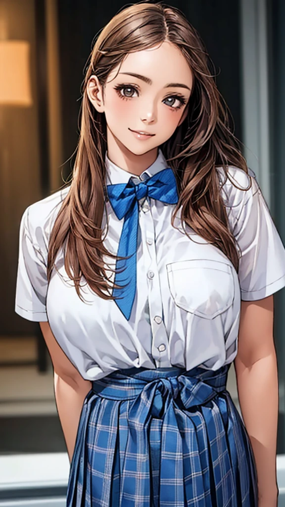 (masterpiece:1.2, highest quality), (Realistic, photoRealistic:1.4), Beautiful illustrations, (Natural Side Lighting, Cinema Lighting),
View your viewers, 1 girl, Japanese, high school girl, Perfect Face, cute and symmetrical face, Shiny skin, thin,
(Middle Hair:1.5, Straight hair, light brown), parted bangs, Long Eyelashes, big breasts:0.8,
Beautiful Hair, Beautiful Face, Beautiful fine details, Beautiful clavicle, Beautiful body, Beautiful breasts, Beautiful thighs, Beautiful feet, Beautiful fingers,
((White shirt with short sleeve collar, , blue checked pleated skirt, Blue checked bow tie)), Pink Panties,
(Beautiful views), morning, (Downtown), Are standing, (cute, Cute smile, Upward glance),