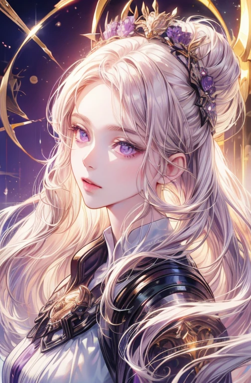 long hair woman、bust、White skin、Symmetry between left and right eyes、Delicate eyes、Glowing purple eyes、golden hair accessories eomosaic pattern background、Spotlight、High Contrast、Impressive Shadows、Detailed Shadows、Perfect Finish、masterpiece、highest quality、Best image quality
