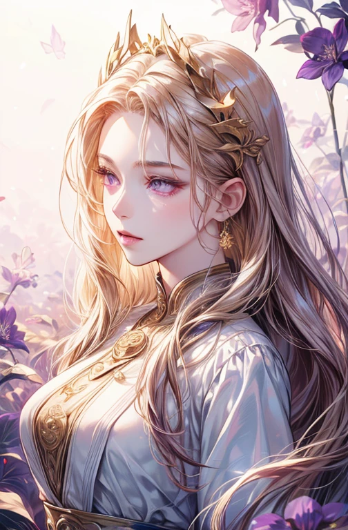 long hair woman、bust、White skin、Symmetry between left and right eyes、Delicate eyes、Glowing purple eyes、golden hair accessories eomosaic pattern background、Spotlight、High Contrast、Impressive Shadows、Detailed Shadows、Perfect Finish、masterpiece、highest quality、Best image quality