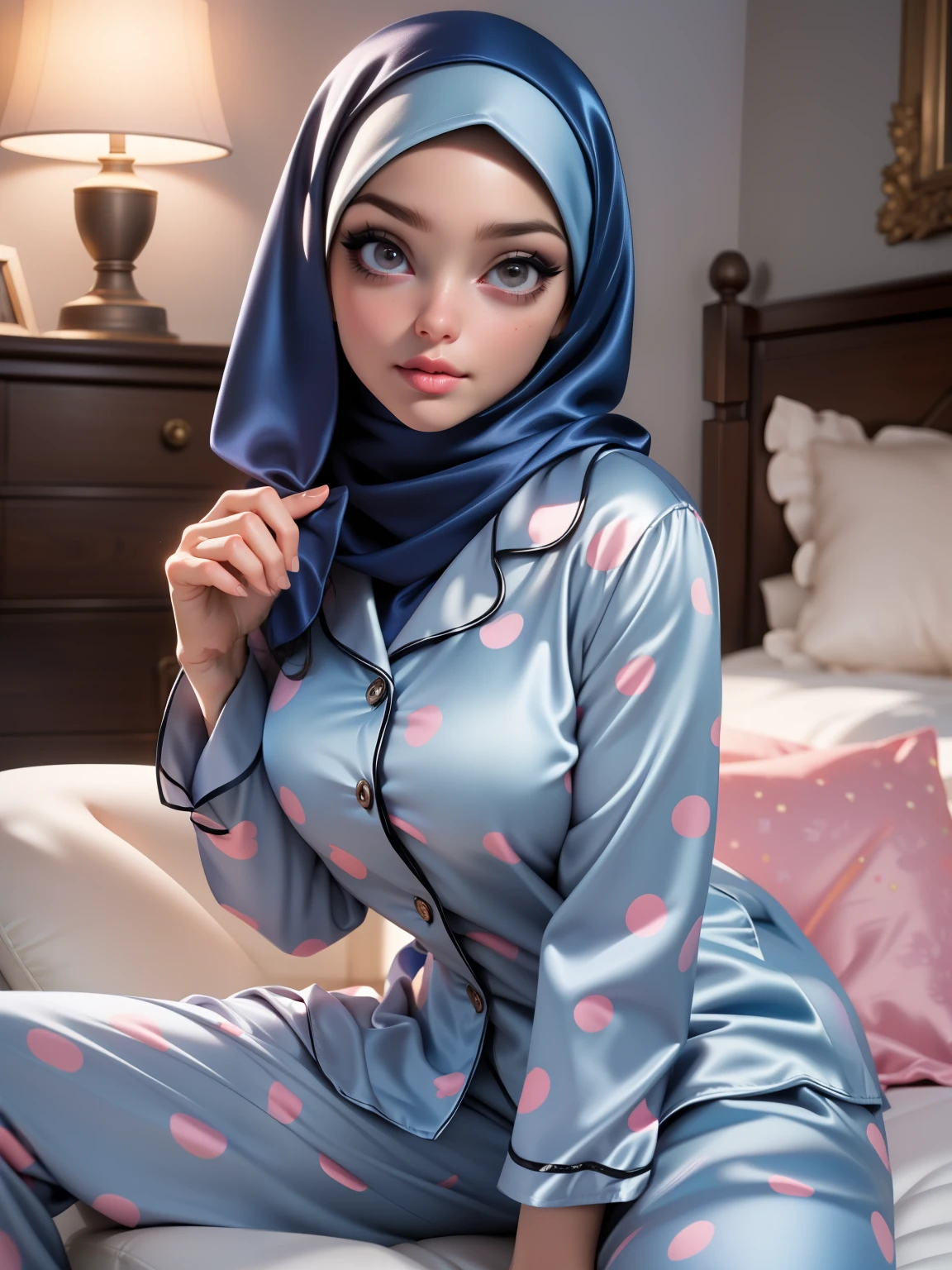 3DMM, ((Masterpiece, best quality, photography, detailed skin, realistic, photo-realistic, 8k, highly detailed, full length frame, High detail RAW color art, diffused soft lighting, shallow depth of field, sharp focus, hyperrealism, cinematic lighting, hijab, a woman in a beautifully makeup, smokey eyeshadow, beautiful big eyes, long eye lashes, wearing (Dark blue satin hijab), loosely tide hijab style, ((gray satin polka dot sewing pyjamas)), gray satin polka dot long trousers, relaxing on sofa, bedroom,