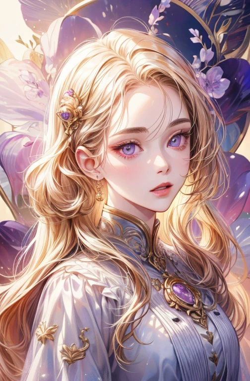 long hair woman、bust、White skin、Symmetry between left and right eyes、Delicate eyes、Glowing purple eyes、golden hair accessories eomosaic pattern background、Spotlight、High Contrast、Impressive Shadows、Detailed Shadows、Perfect Finish、masterpiece、highest quality、Best image quality