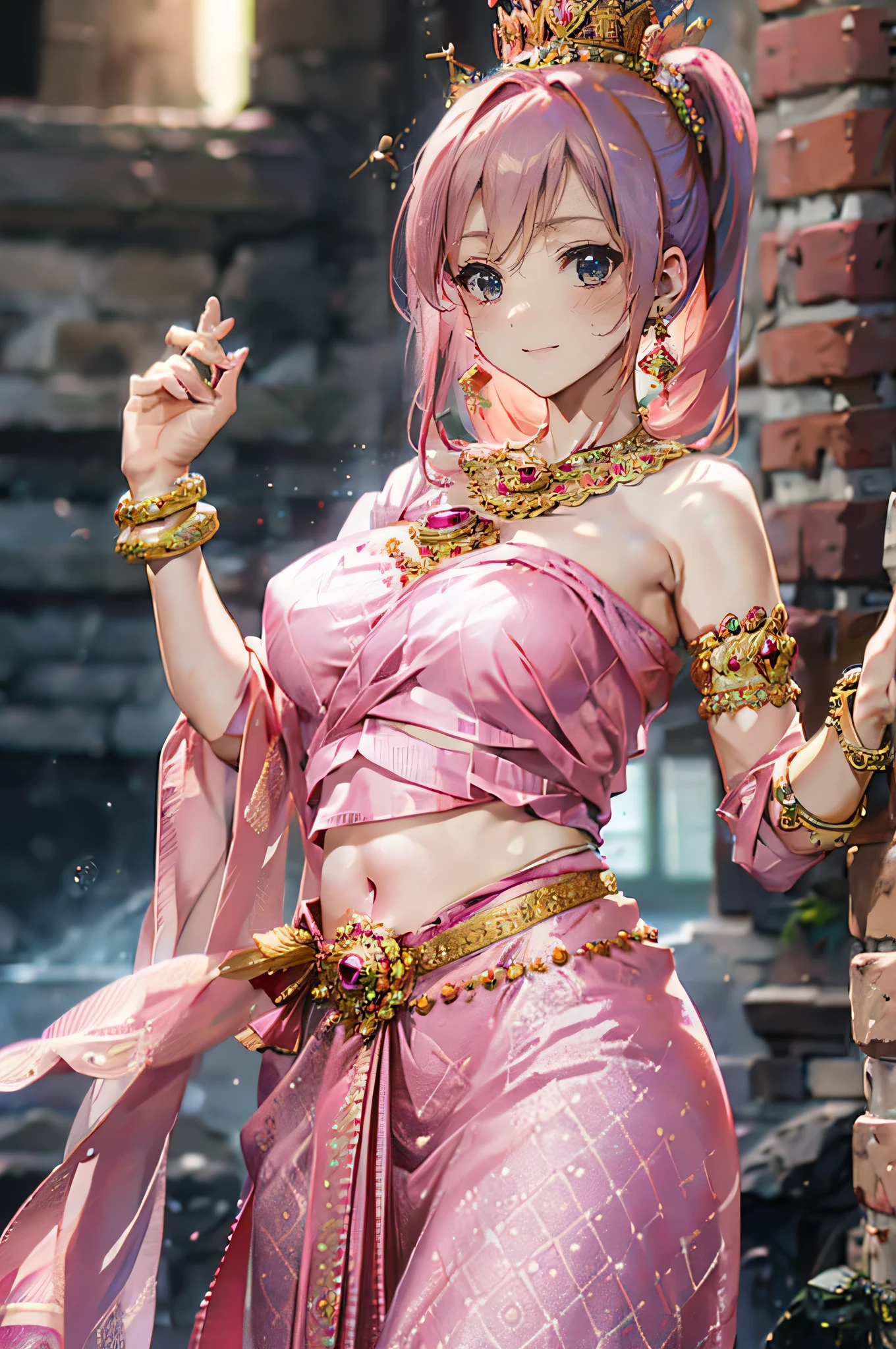 4k.high resolution,one woman,pink hair,short ponytail,big tits,Hime,pink arab dancer dress,Navel expulsion,red gold bracelet,Gemstone Earrings,Jeweled clothing,queen&#39;s crown,Inside the palace