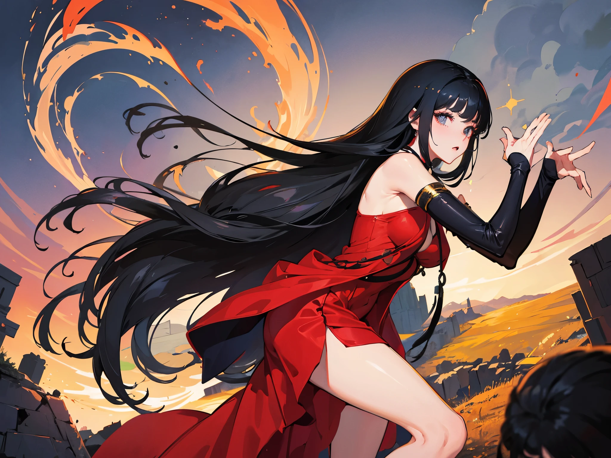 A woman with beautiful, long black hair camouflages herself amidst the darkness of the place. Os belos olhos azuis, que mais se parecem com duas joias, reluzem no breu. Your pale skin can be easily seen, sendo iluminada pela luz do luar que vem da janela. Seu corpo magro, se assemelhando ao formato de uma ampulheta, is covered in a beautiful red dress, que fica justo a ela, highlighting your silhouette, com uma fenda na saia, leaving exposed part of his left leg that goes up to the thigh.