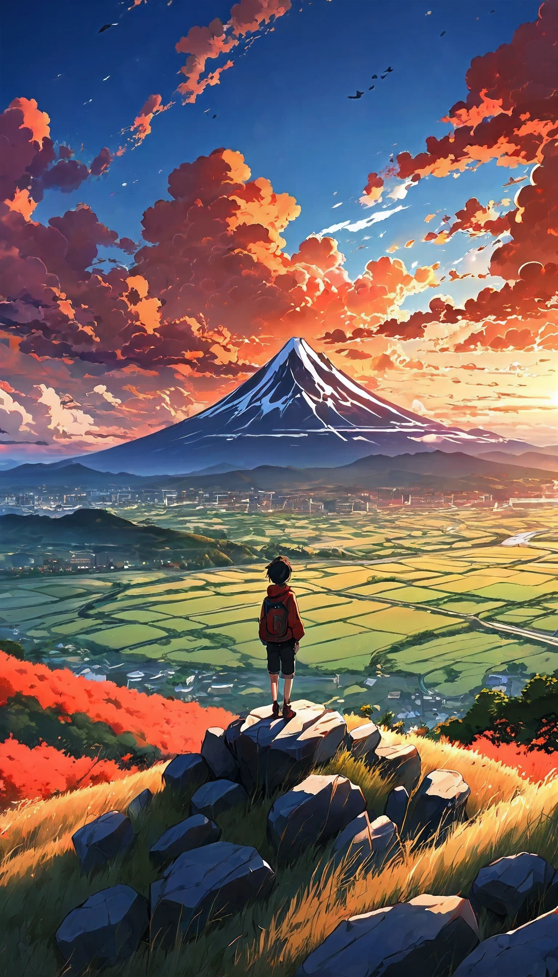 anime landscape of a boy on a hill of rocks with grasses, sunset with orange and red infernal clouds, anime nature wallpapers, beautiful anime scene, beautiful anime peace scene, Makoto Shinkai Cyril Rolando, beautiful scene of anime, amazing wallpaper, anime art wallpaper 8k, anime background, artistic anime background, 4k anime wallpaper, anime art wallpaper 4k, anime art wallpaper 4k,