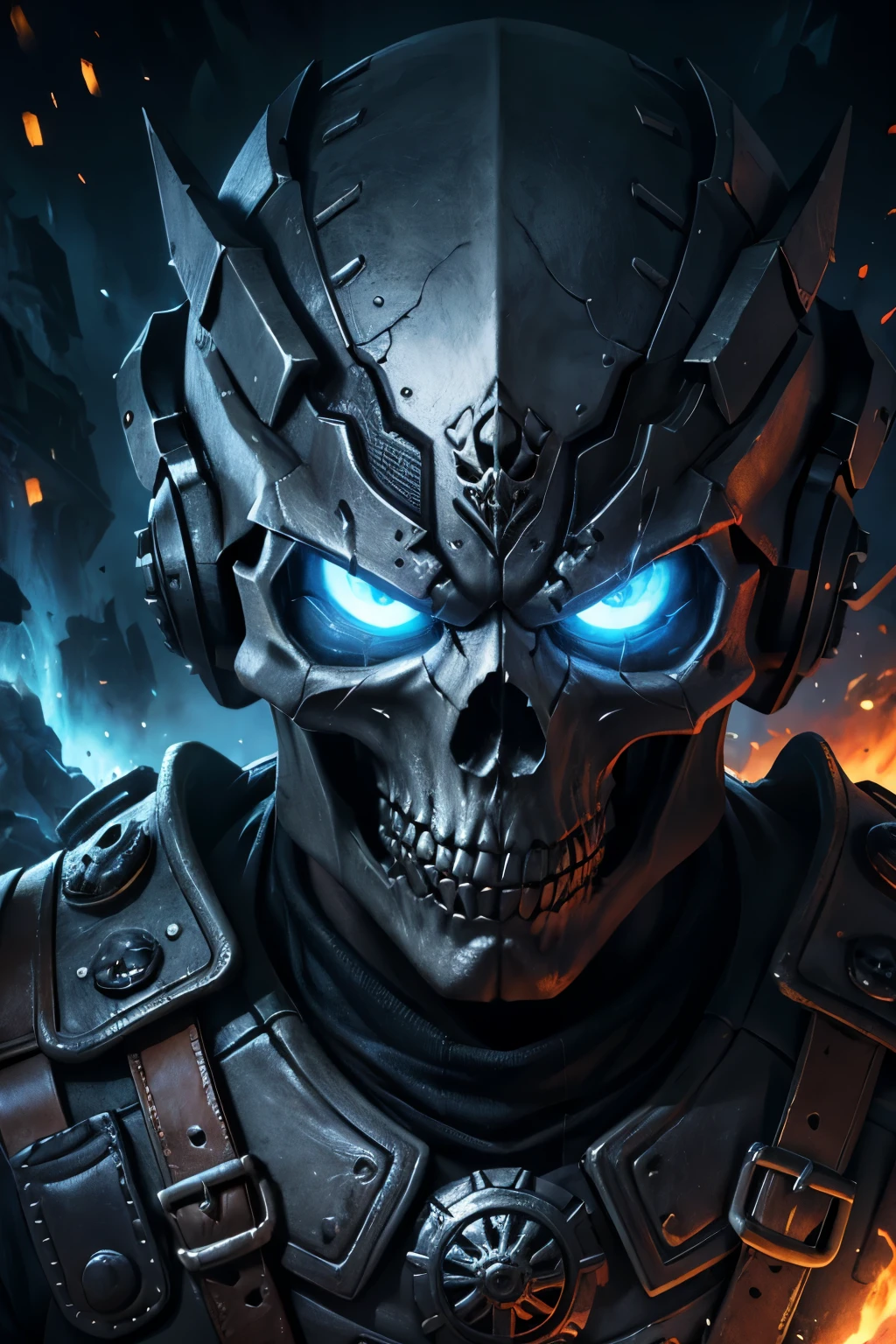 Ice and fire skull with a shield and two swords, of spiked gears of war skulls, skull design for a rock band, heavy metal tshirt design, style of hydro74, heavy metal art style, skull paint, helghast, heavy metal artwork, skull image on the vest, hq artwork, gears of death, detailed digital artwork, fantasy skull