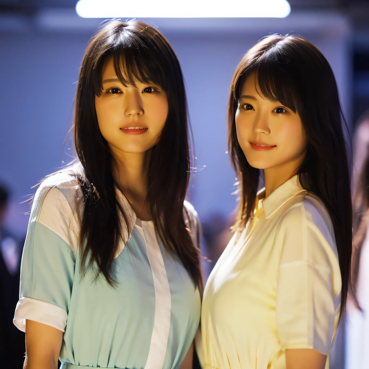 (8k, RAW Photos, highest quality, masterpiece:1.2), (Realistic, photo-Realistic:1.37), Identical twin sisters、Very detailed, Ultra-high resolution,1 girl,Looking at the audience,Beautifully detailed face,smile,narrow,(Narrow waist:1.3),shirt, Fine and beautiful skin, Skin Texture, floating hair,Professional Lighting,