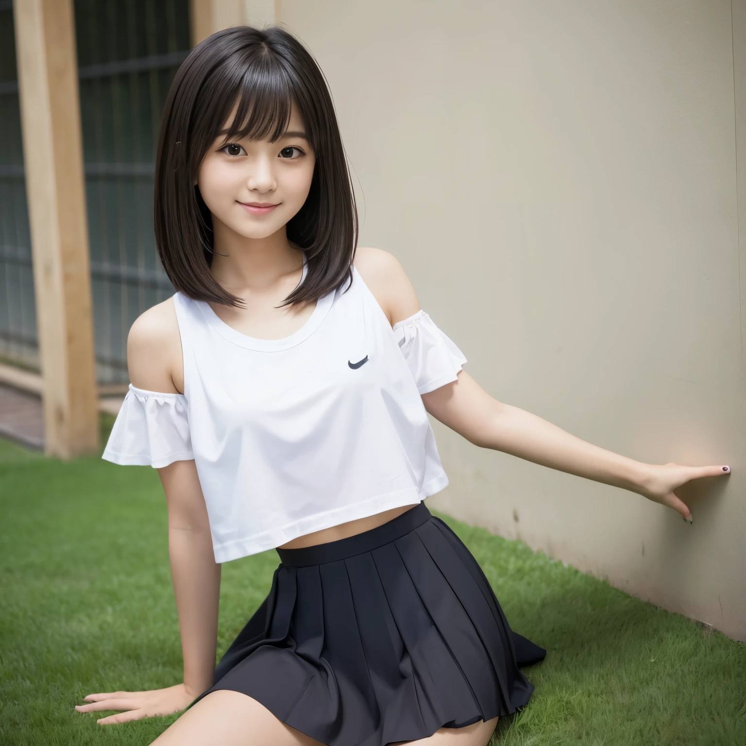 Best-quality, Masterpiece, Ultra-High-Resolution, (Photorealistic:1.4), Raw-Photo, 1girl, -yeld, thost famous Japanese idol, wearing tennis-top and tennis-pleated-skirt, the most cute face like the most popular Japanese idol, the most cute big-black-eyes, the most beautiful black-hair, the most cute hairstyle, the most beautiful skins, looking at viewer, innocent-smile 