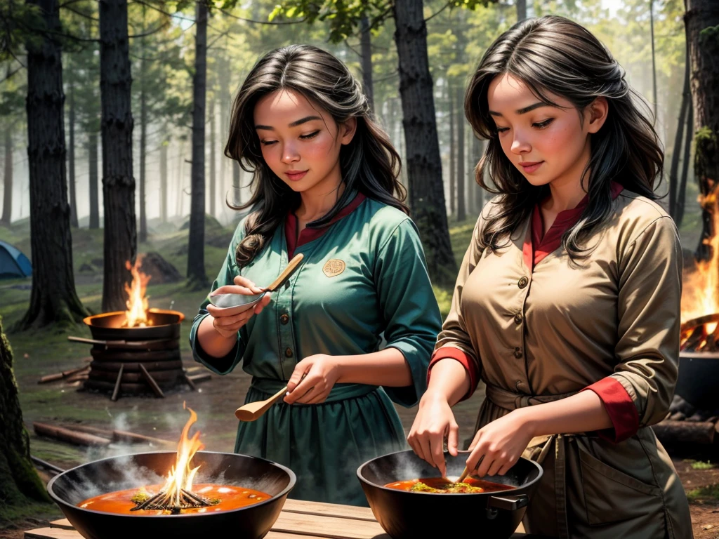 (best quality,4k,8k,highres,masterpiece:1.2),ultra-detailed,(realistic,photorealistic,photo-realistic:1.37),campfire,forest school girls,cooking curry,portraits,outdoor activities,vibrant colors,warm lighting,crackling fire,smoke rising,sparkling embers,clear night sky,surrounded by trees,excited and happy expressions,cozy atmosphere,detailed eyes and lips,wood logs burning,bushy eyebrows,flowing hair,flickering flames,curry spices in bowls,enjoying the food,sauce simmering,wooden spoons stirring,green scenery,feeling of camaraderie,camping tents in the background,misty air,multi-colored curry ingredients,cute uniforms,spicy aroma filling the air,playful laughter,dancing shadows,peaceful and serene setting