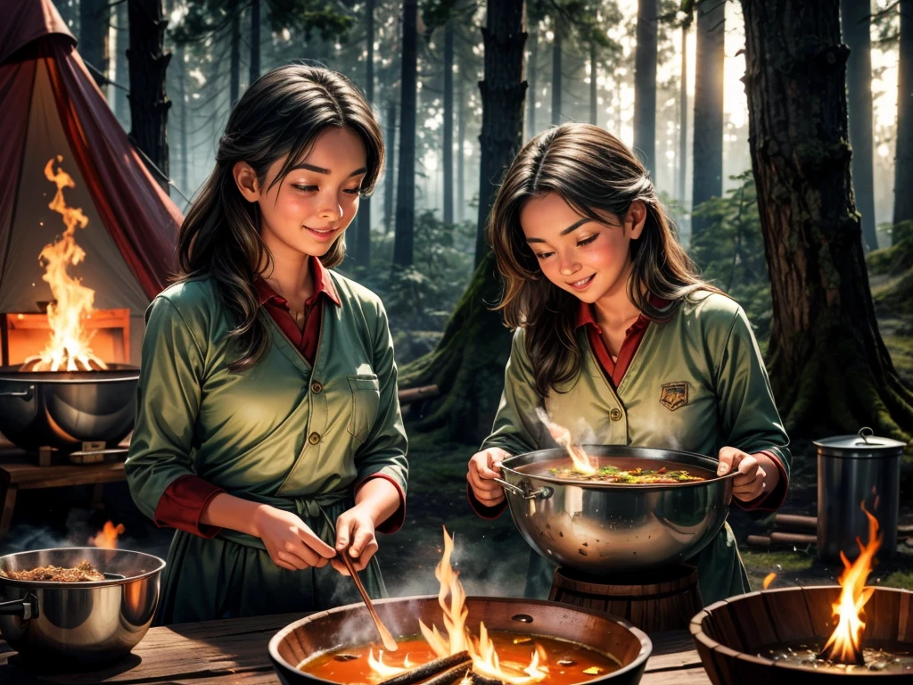 (best quality,4k,8k,highres,masterpiece:1.2),ultra-detailed,(realistic,photorealistic,photo-realistic:1.37),campfire,forest school girls,cooking curry,portraits,outdoor activities,vibrant colors,warm lighting,crackling fire,smoke rising,sparkling embers,clear night sky,surrounded by trees,excited and happy expressions,cozy atmosphere,detailed eyes and lips,wood logs burning,bushy eyebrows,flowing hair,flickering flames,curry spices in bowls,enjoying the food,sauce simmering,wooden spoons stirring,green scenery,feeling of camaraderie,camping tents in the background,misty air,multi-colored curry ingredients,cute uniforms,spicy aroma filling the air,playful laughter,dancing shadows,peaceful and serene setting