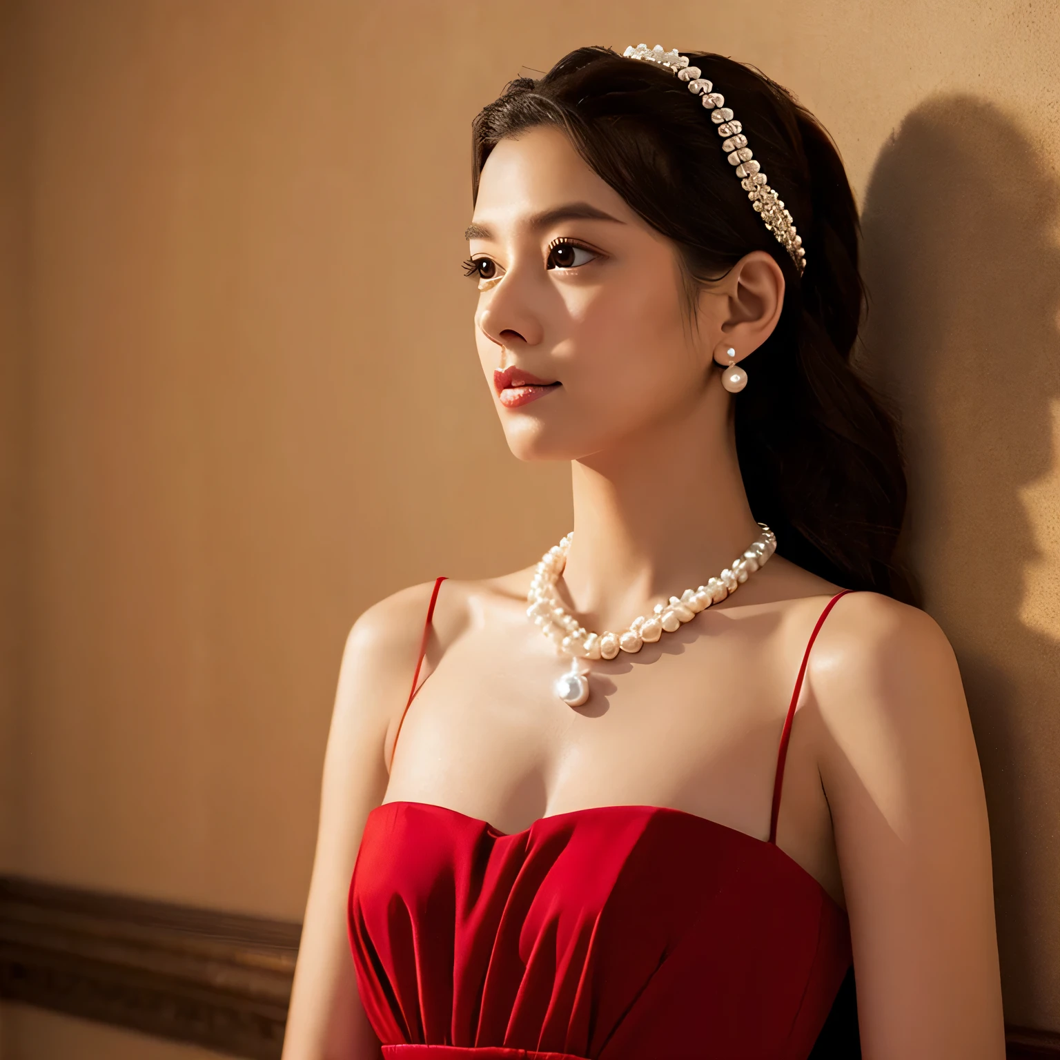 Realistic , red long dress , aesthetic,  pearl necklace 