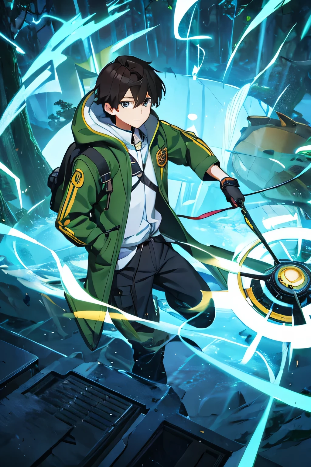 Dessen is a thin, smart-looking young man。His appearance shows a thin line，Revealing his physical fitness when he is often at home。he has green eyes，Looks clear and bright，Like reflecting the colors of the forest。Short brown hair on top of head neatly trimmed，Make him look very energetic。 Adelson wears an adventure-ready outfit，Maybe it’s a design that combines a researcher’s coat and an adventure suit.，Let him walk freely in the forest。The color of his clothes may be green or white，In harmony with the natural environment。 Adelson may be carrying a backpack，It contains the adventure equipment he needs.，Such as map、compass、easy food、Kettle etc.。He may be carrying a small folding mountaineering ax or multifunctional knife，to cope with various situations that may be encountered in the forest。 These must be combined with technology to have a futuristic feel,Everything uses electricity,Positive face