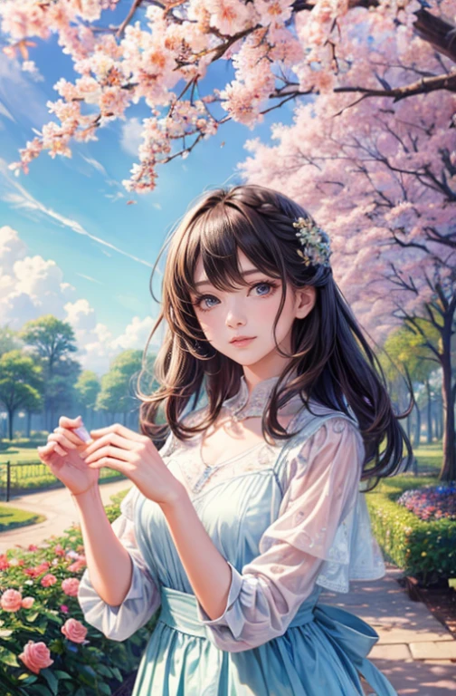 Girl In The Garden, (highest quality, 4K, 8k, High resolution, masterpiece:1.2), Spring Outfits, Colorful Hair, Outdoor, cloud, Upper Body, Flowers, sunlight, Breeze, Vibrant colors, Expression of joy, Natural light