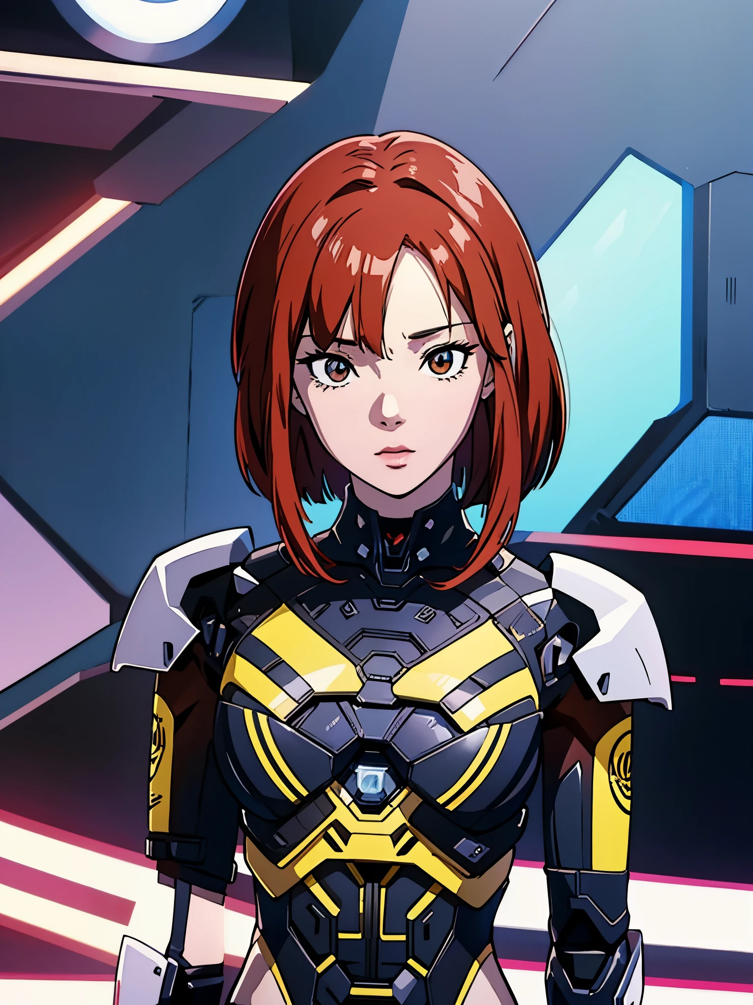 digital art drawing, illustration of (Winter from k-pop group aespa, short red hair with bangs, brown eyes, flat chest, cyborg girl, android, droid, mecha, mechanical fusion, exoskeleton, metal robotic arms, artificial skin, evil look, wires and cables connecting to the head, neon details, cyberpunk 2077), anime drawing/art, bold linework, illustration, digital art, masterpiece, flat illustration, no shadows, 8k resolution, high detail, vector art, only anime, perfect eyes, perfect hands, perfect fingers, sharpness, high clarity, medium shot, high fidelity
