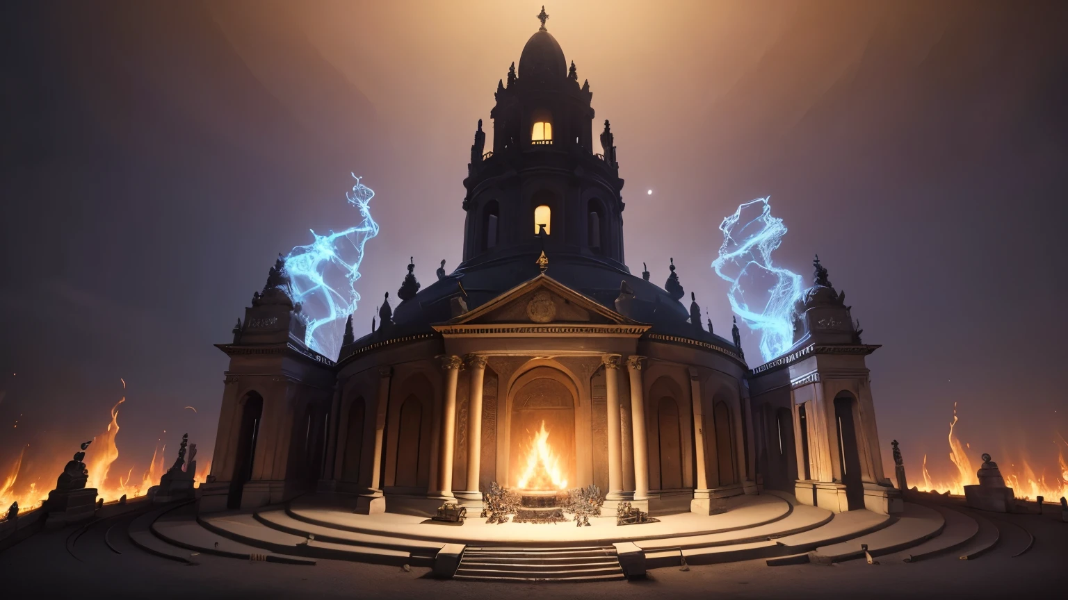 best quality, super fine, 16k, incredibly absurdres, extremely detailed, delicate, flashy and dynamic depiction, stone temple amphitheatre, surrounded by bonfires to worship the god of fire, campfires, sculptures of gods, sacred place, Gothic, Romanesque, Baroque, Renaissance, Rococo, Art Nouveau, Northern Renaissance