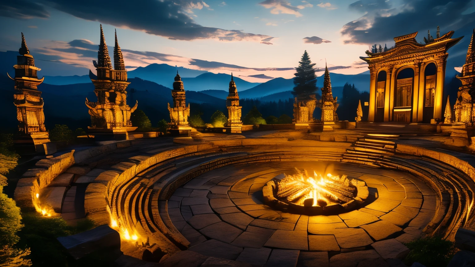 best quality, super fine, 16k, incredibly absurdres, extremely detailed, delicate, flashy and dynamic depiction, stone temple amphitheatre, surrounded by bonfires to worship the god of fire, campfires, sculptures of gods, sacred place, Gothic, Romanesque, Baroque, Renaissance, Rococo, Art Nouveau, Northern Renaissance