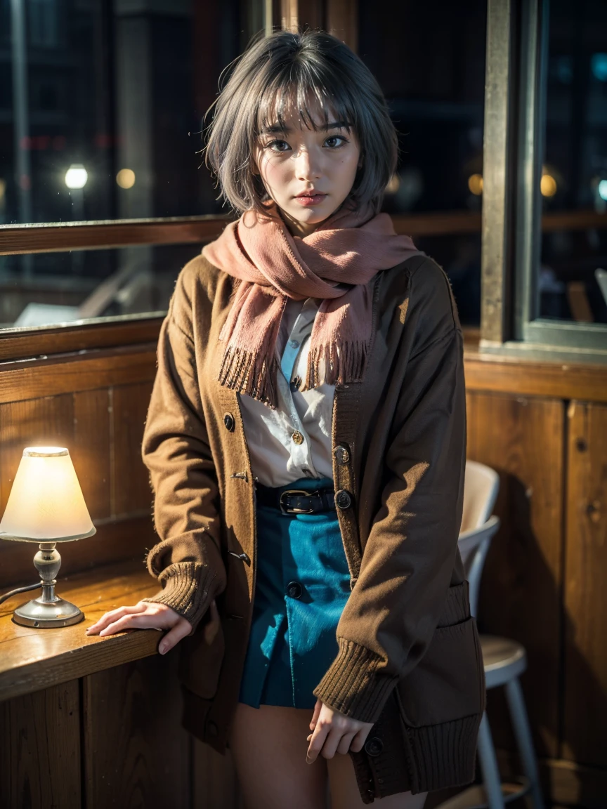 (1 lady), (Best quality at best:1.4), (ultra - detailed), (extremely detailed CG unified 16k), A Beautiful Woman with Perfect Figure: 1.4, Sharp Focus: 1.2, very detailed, High-definition RAW color photo, professional photoshooting, amazing face and eyes, cosmetics, (amazingly beautiful girl), ((yuki)), ((winter uniform, cardigan, kneehighs, blue skirt, serafuku, brown coat, scarf, kneehighs)), standing, sexyposture，(Dark and stylish bar, drinks, lamp lights, lamp lights:1.3), (look from down), realistic cinematic face, head to feet long wide zoomed out view, full body long view, photorealistic, ((realistic natural grayish purple hair style, yellowish eyes)), gorgeous, extremely beautiful face, perfect model beauty, pout mouth, Highly Detailed Face and Skin Texture, Detailed Eyes, Double Eyelids, Big Breasts, inexpressive face, cleavages, western, (masterpiece), best quality, high resolution, extremely detailed, blurred background, depth of field, cinematic lighting, amazing legs, high heels, clear and well-cared skin,
